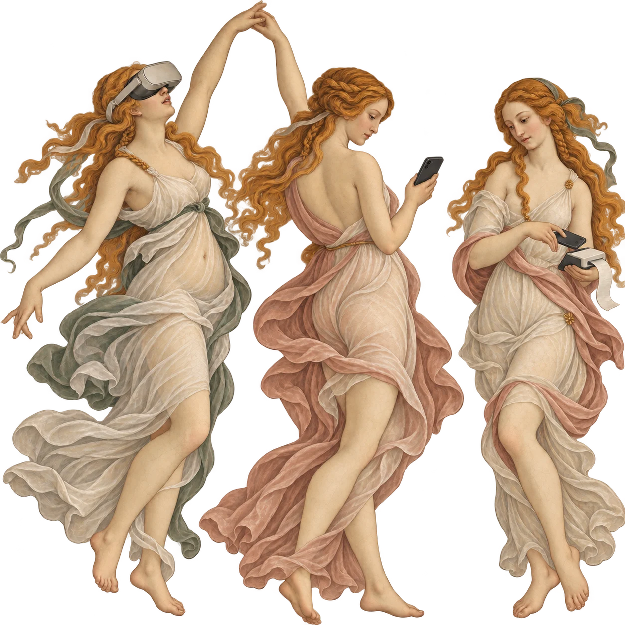 Three young women dance hand in hand in the manner of Botticelli’s Three Graces: one in augmented-reality glasses looking up, one frowning at her phone, one paying with hers.